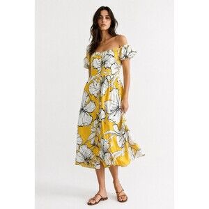 Margaux Riviera Yellow Floral Off Shoulder Midi Dress Size Small 100% Viscose